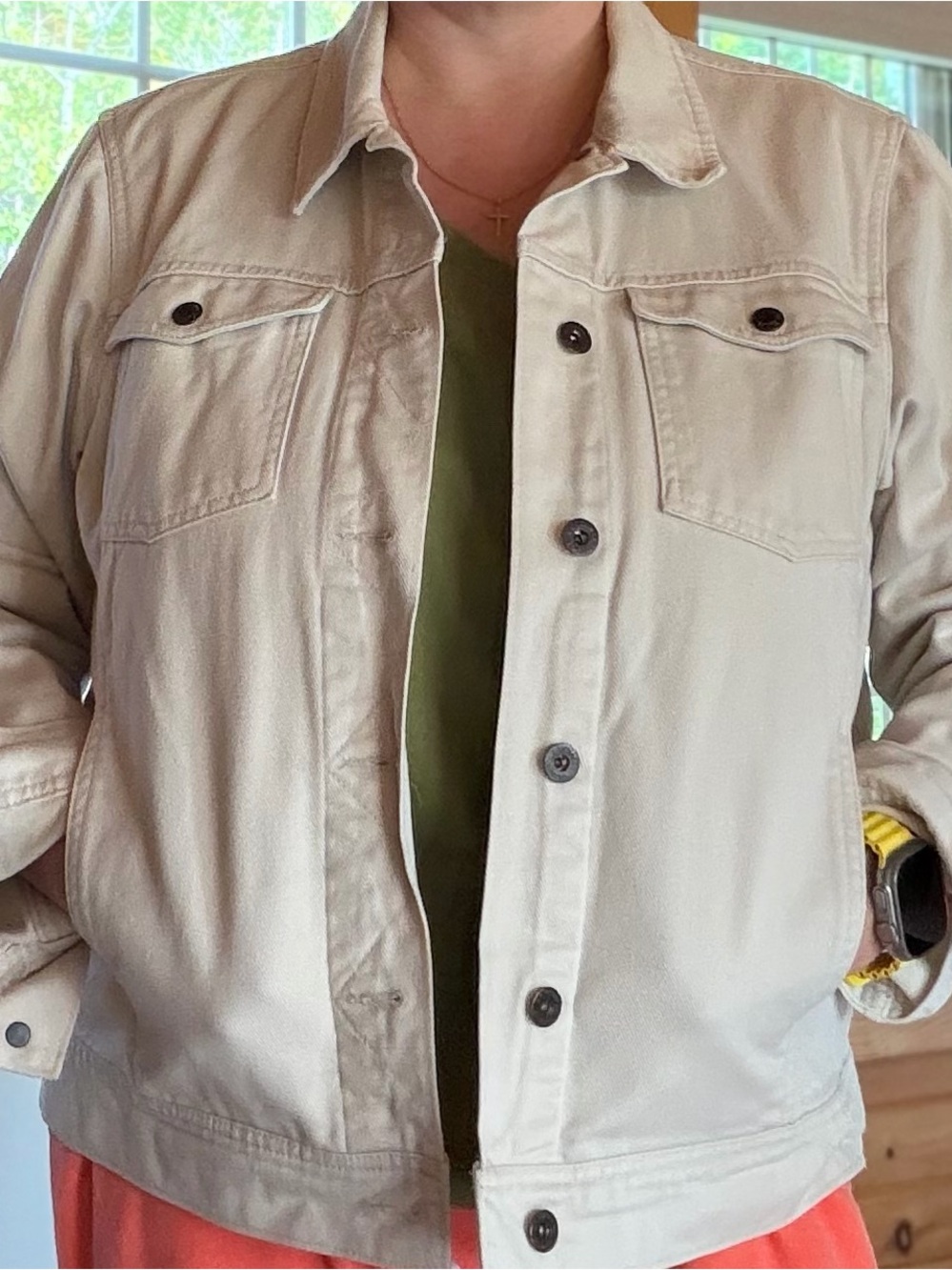 Filson Beige Denim Jacket with Olive Layering Detail